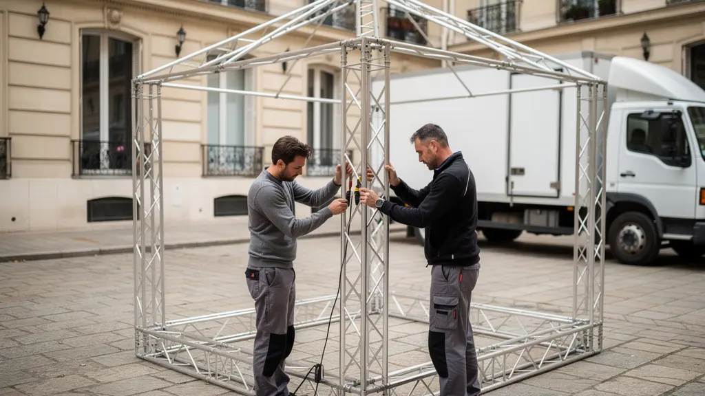 Techniciens installant structure tente dans cour pavée parisienne