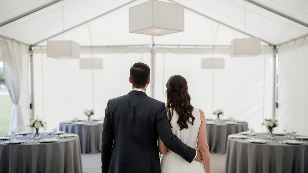 Couple marié de dos admirant intérieur tente stretch décorée style contemporain