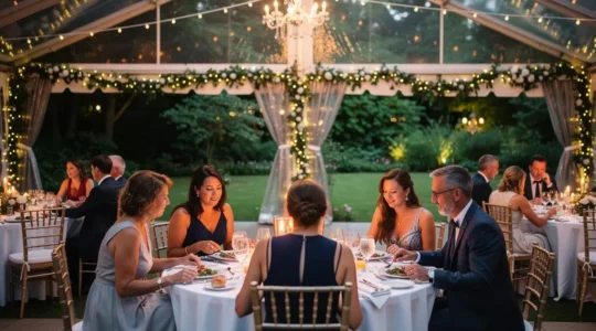 Réception mariage élégante sous tente cristal avec tables dressées et guirlandes lumineuses