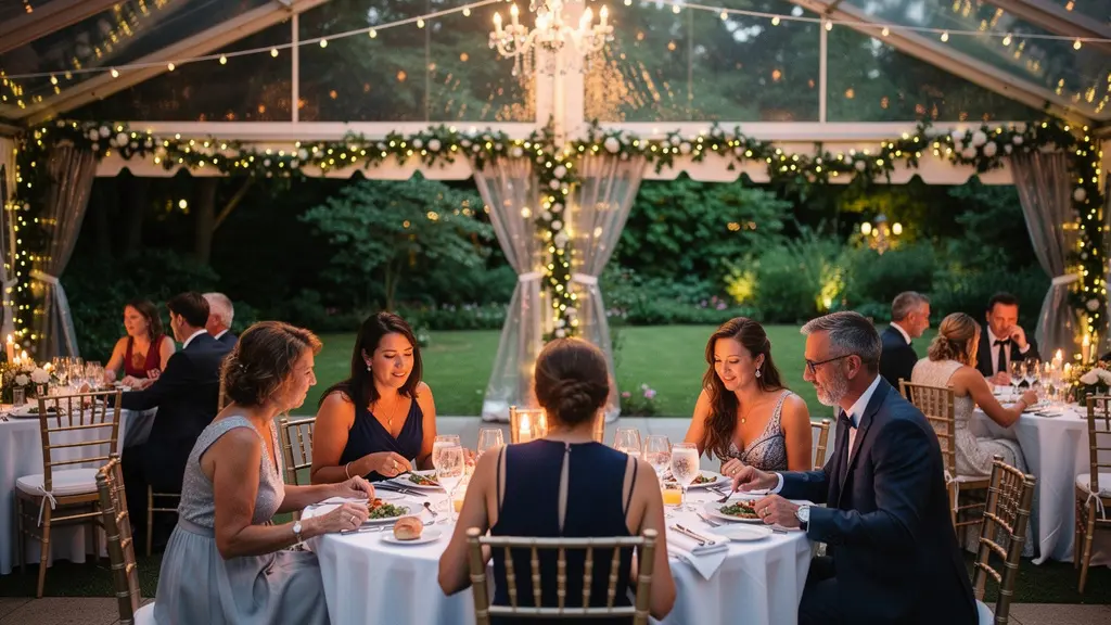 Réception mariage élégante sous tente cristal avec tables dressées et guirlandes lumineuses