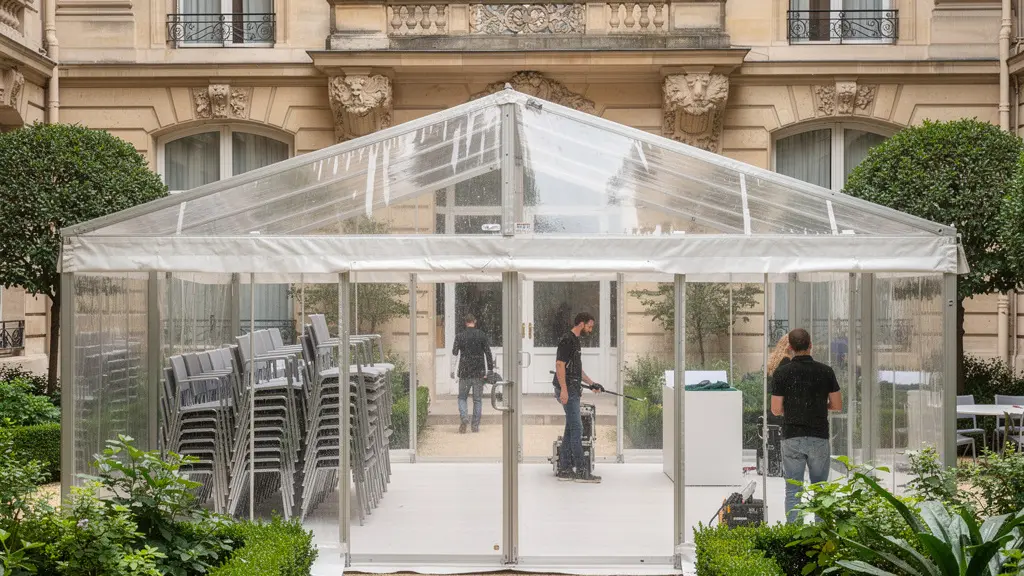 Tente verrière installée dans jardin parisien avec hôtel particulier en arrière-plan